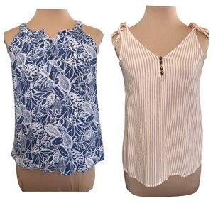 Bundle of 2 a.n.a. Blouses Sleeveless Blue Floral Mustard Stripped Rayon Size XS